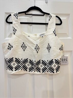 Haute Hippie White Crop Top with Black Geometric Embroidery